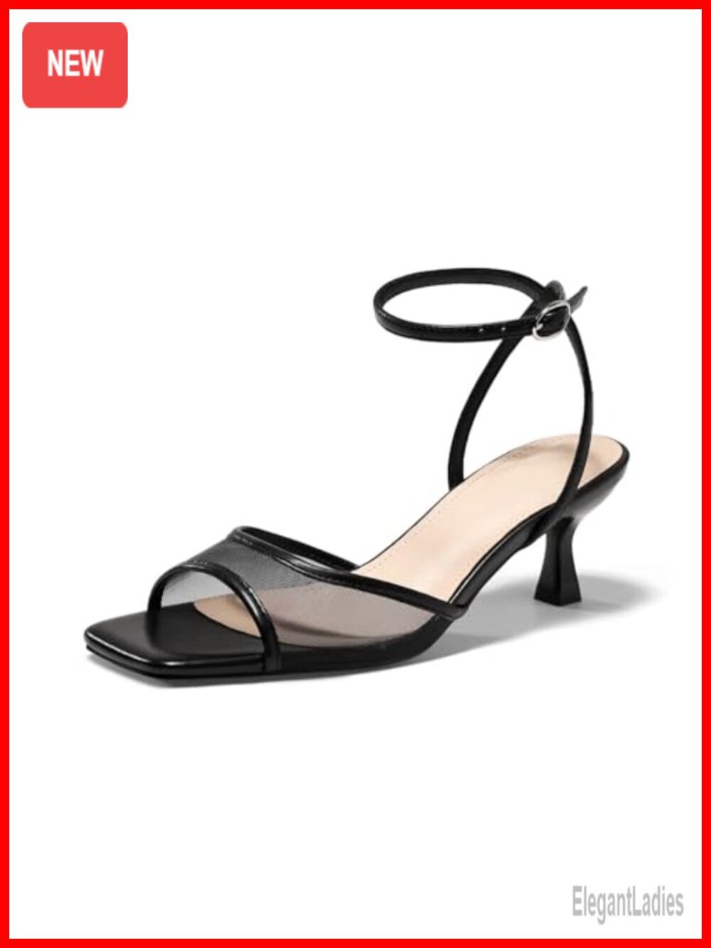 Kitten Low Heels Strappy Sandals Mesh Square Open Toe Ankle Strap Dress Shoes
